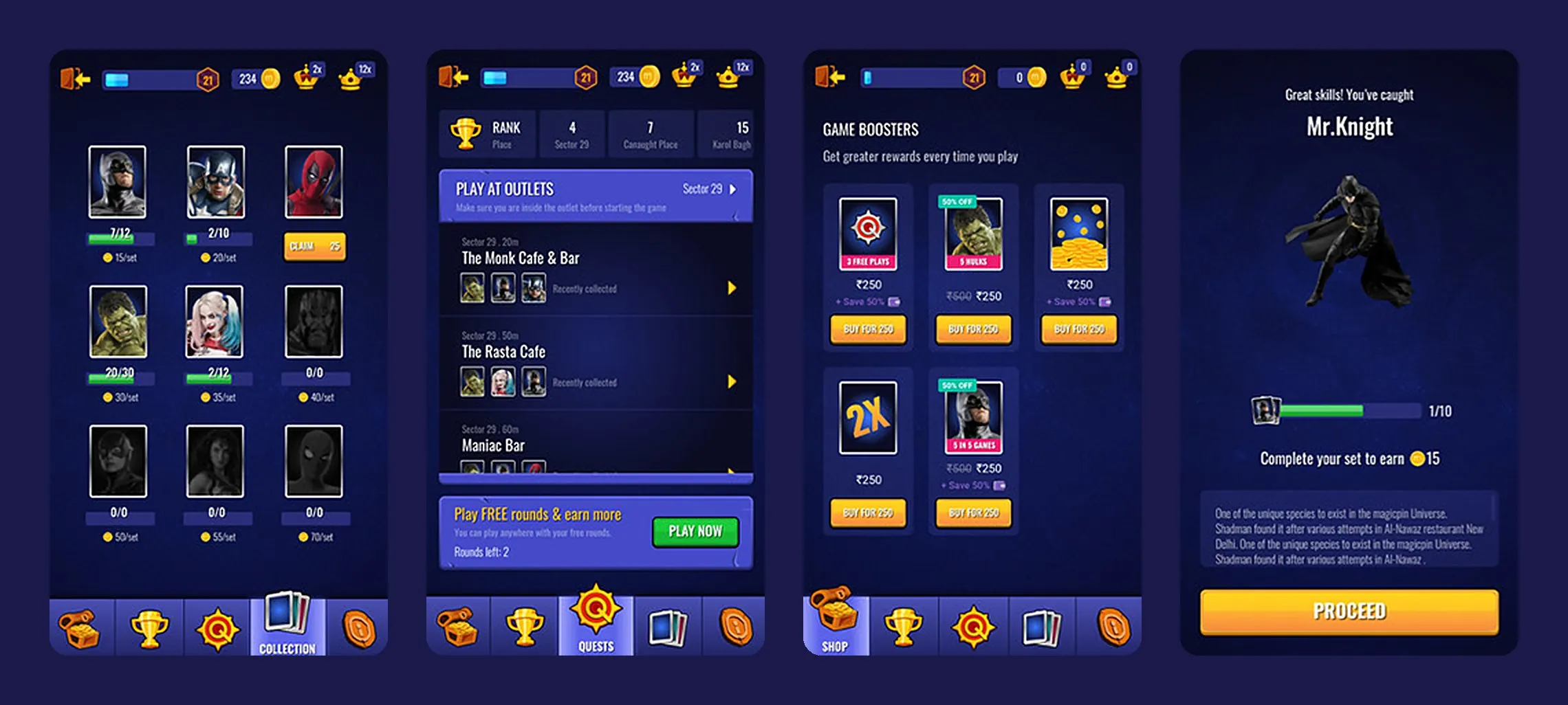 magicpin collecting game screens: card collection, quests at nearby outlets, booster shop and a caught-character reward