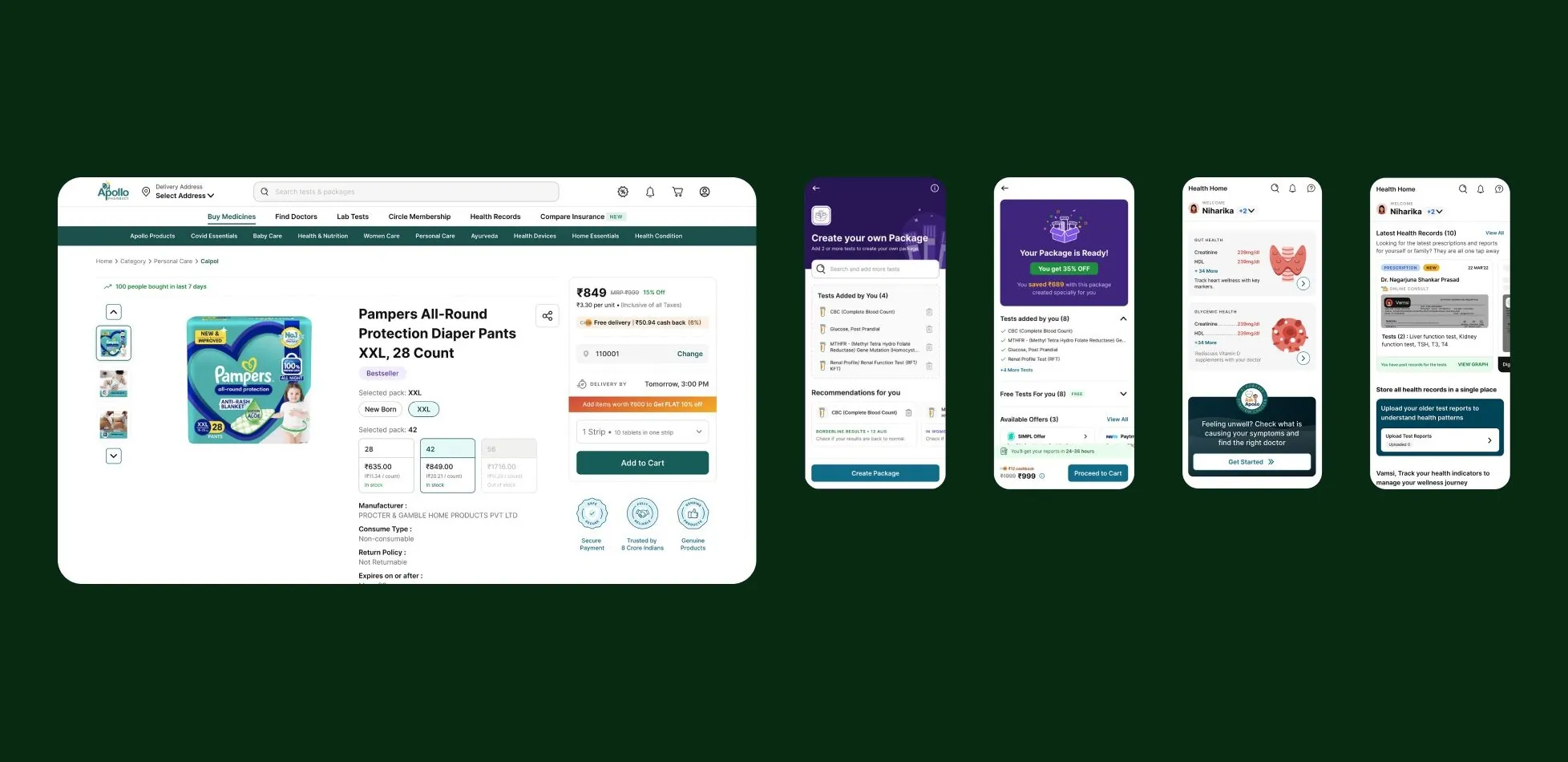 Apollo 24/7 web product page and four app screens rebuilt with Capsule components, on Apollo green.