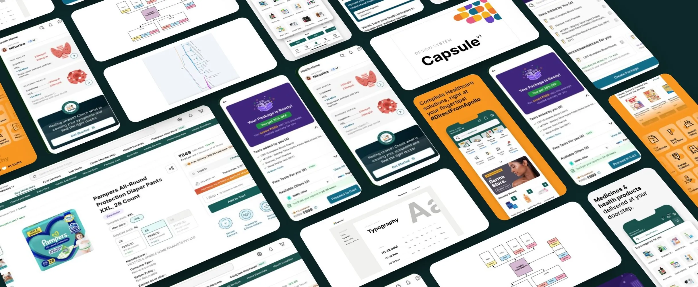 A tilted wall of Apollo 24/7 web and app screens built with Capsule, alongside the Capsule v1 logo, typography foundations and the shared-components architecture.