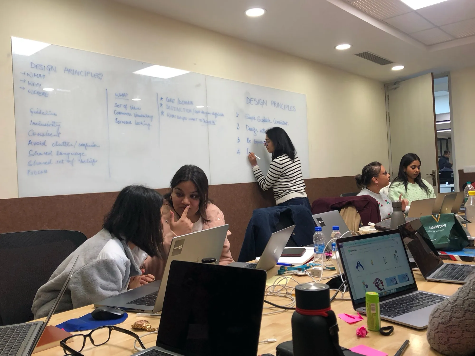 The design team in a working session, writing design principles on a whiteboard.