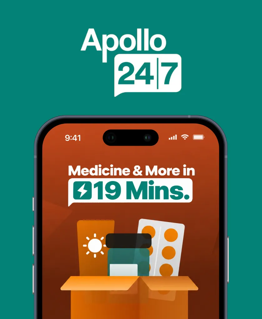 Apollo 24/7 logo above the app’s 19-minute delivery screen on an iPhone