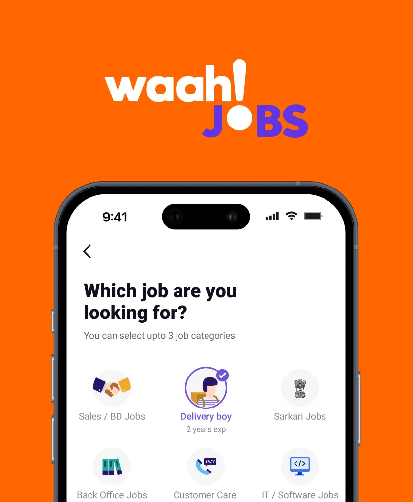 Waah Jobs logo above the job-category picker on an iPhone