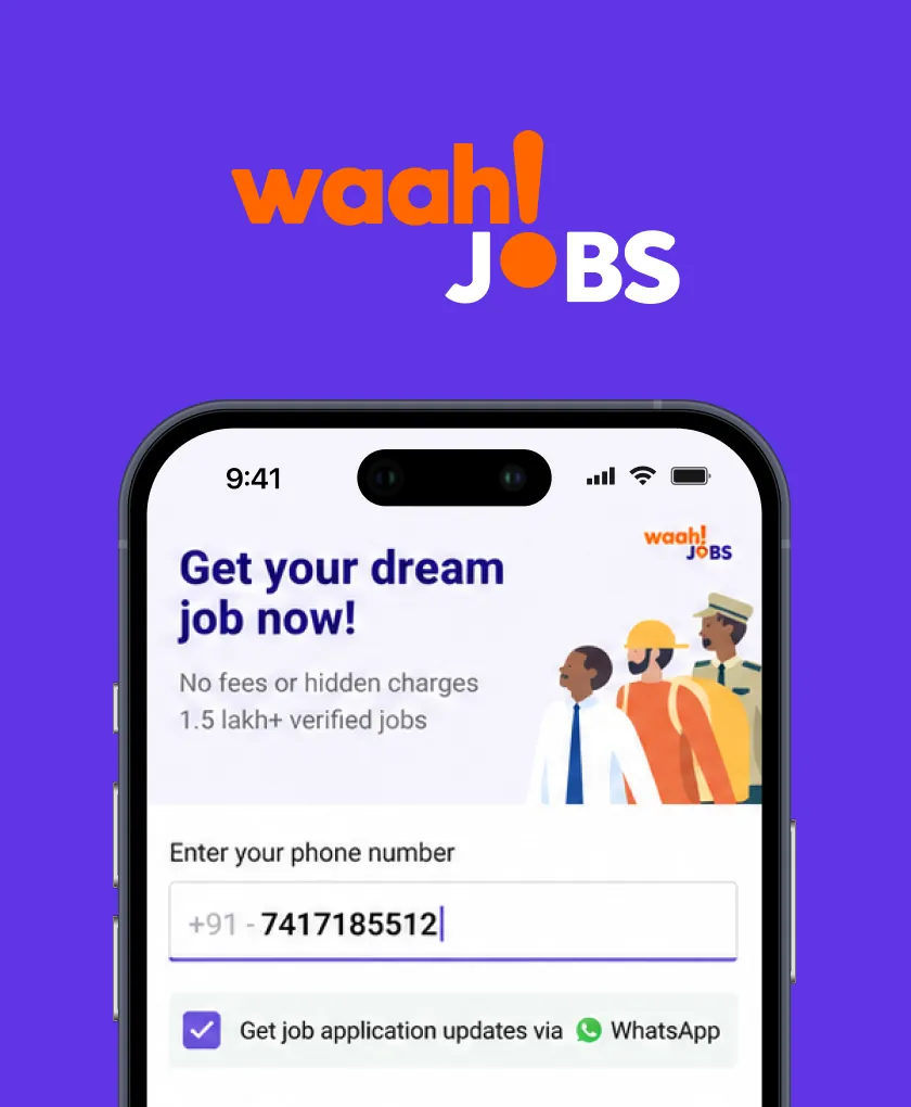 Waah Jobs logo above the sign-up screen promising no fees and verified jobs