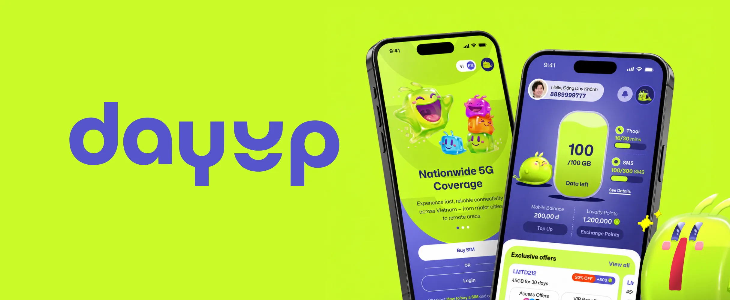 DayUp logo beside two phones: the onboarding screen promoting nationwide 5G coverage, and the home screen showing data left, mobile balance, loyalty points and exclusive offers.