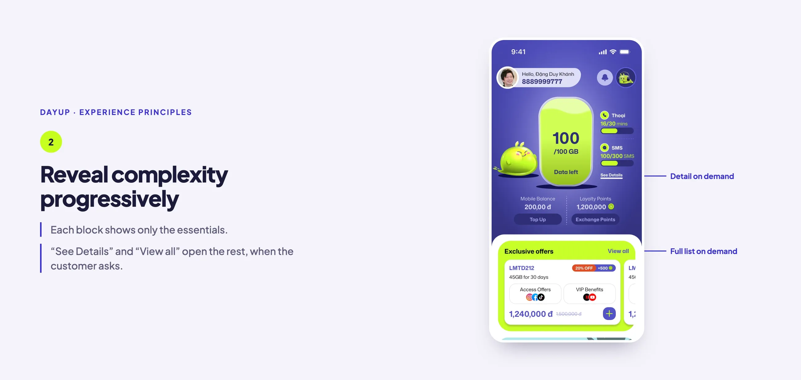 Principle 2, reveal complexity progressively: on the home screen, See Details is marked as detail on demand and View all as the full list on demand.