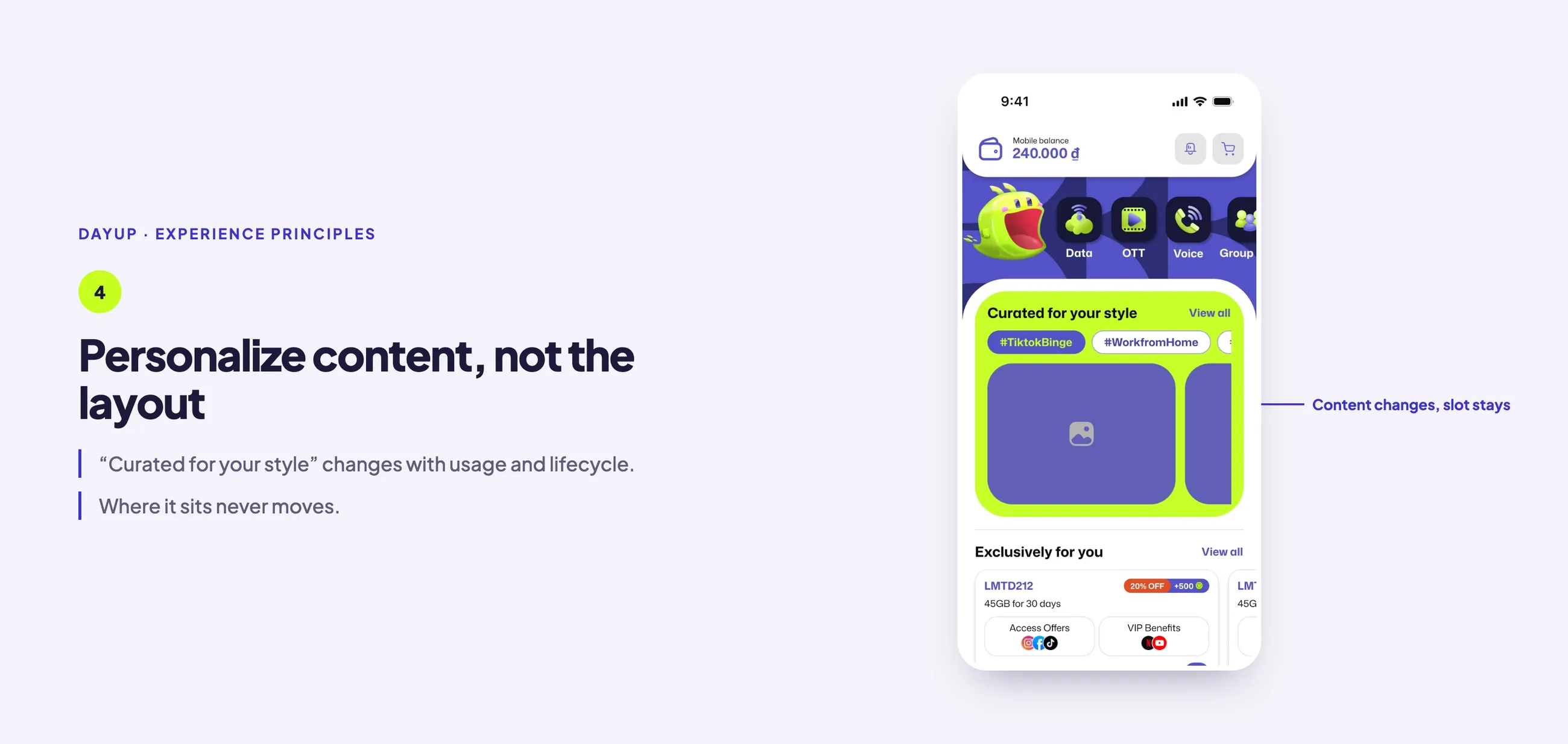 Principle 4, personalize content, not the layout: on the shop page, the Curated for your style row is marked: its content changes, its slot stays.