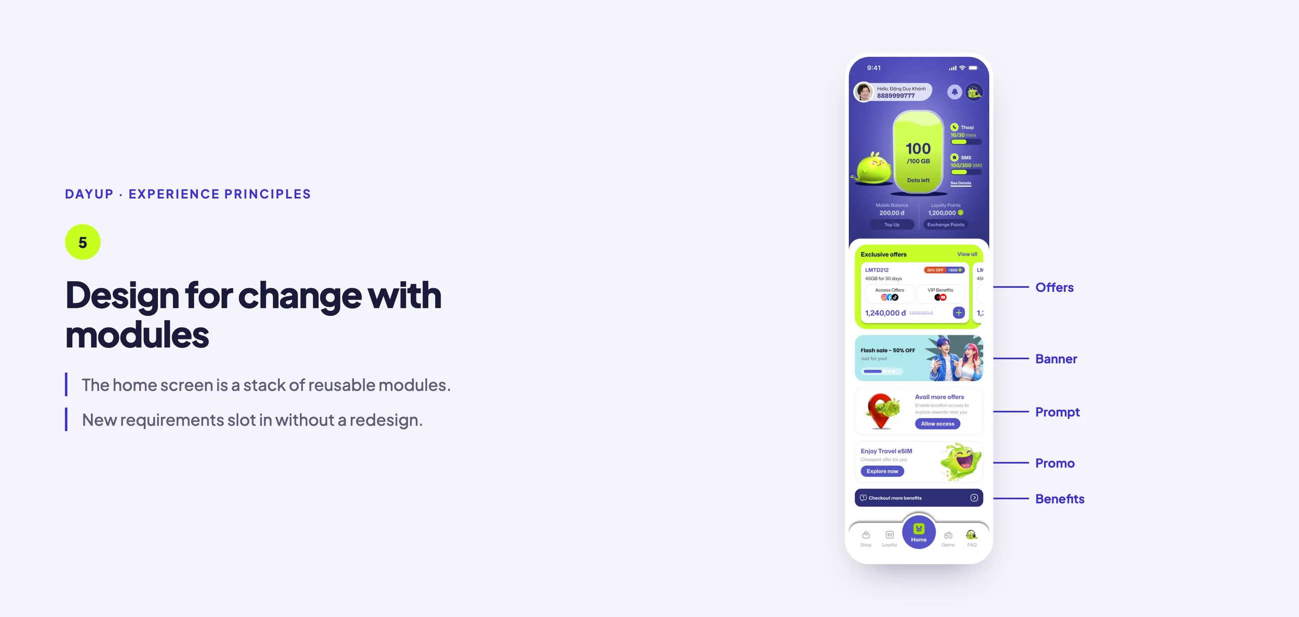 Principle 5, design for change with modules: the full home screen with each module labelled: offers, banner, prompt, promo and benefits.