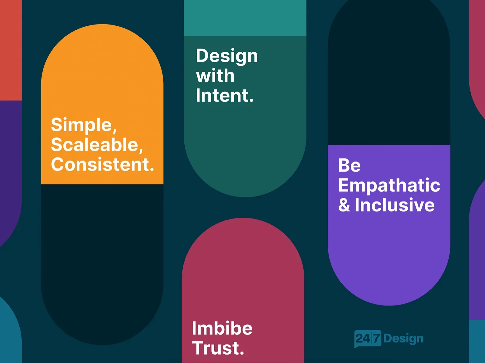 Apollo 24/7 design principles poster: simple, scalable, consistent; design with intent; be empathetic and inclusive; imbibe trust.