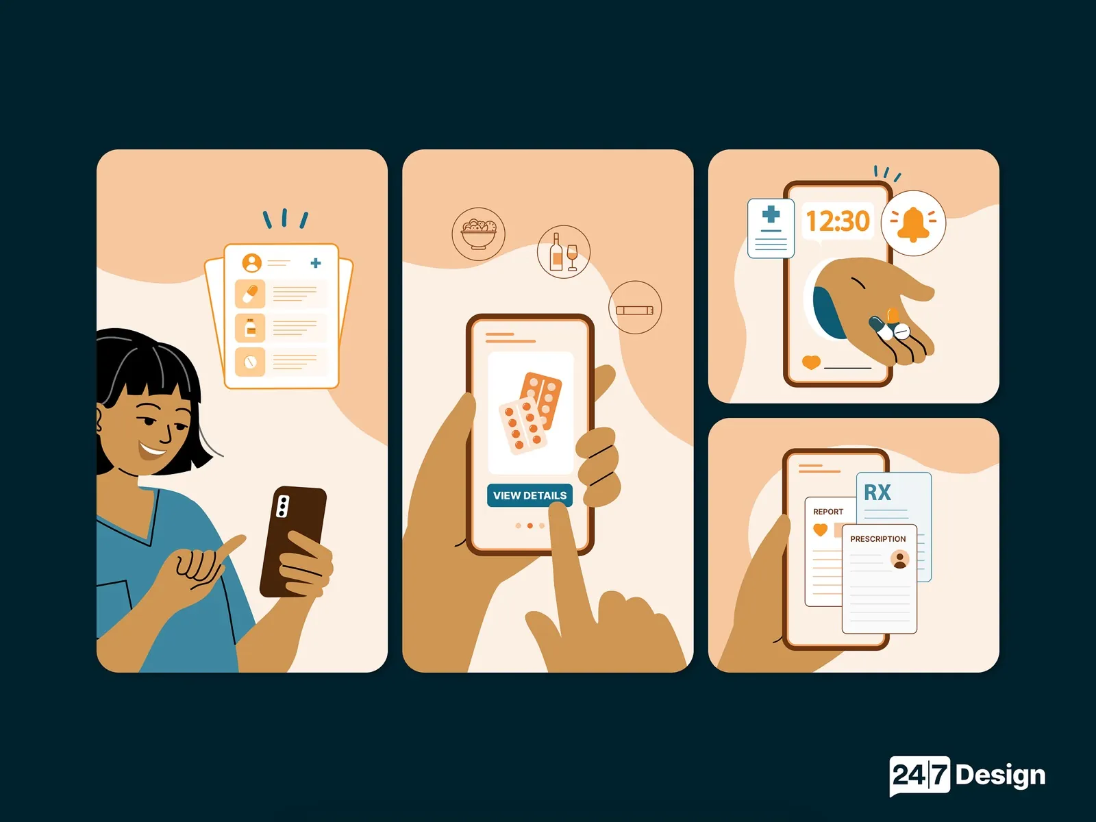 Illustration language from the product visual revamp: warm, hand-drawn scenes of a patient using the app, a prescription, a pill reminder and a report.