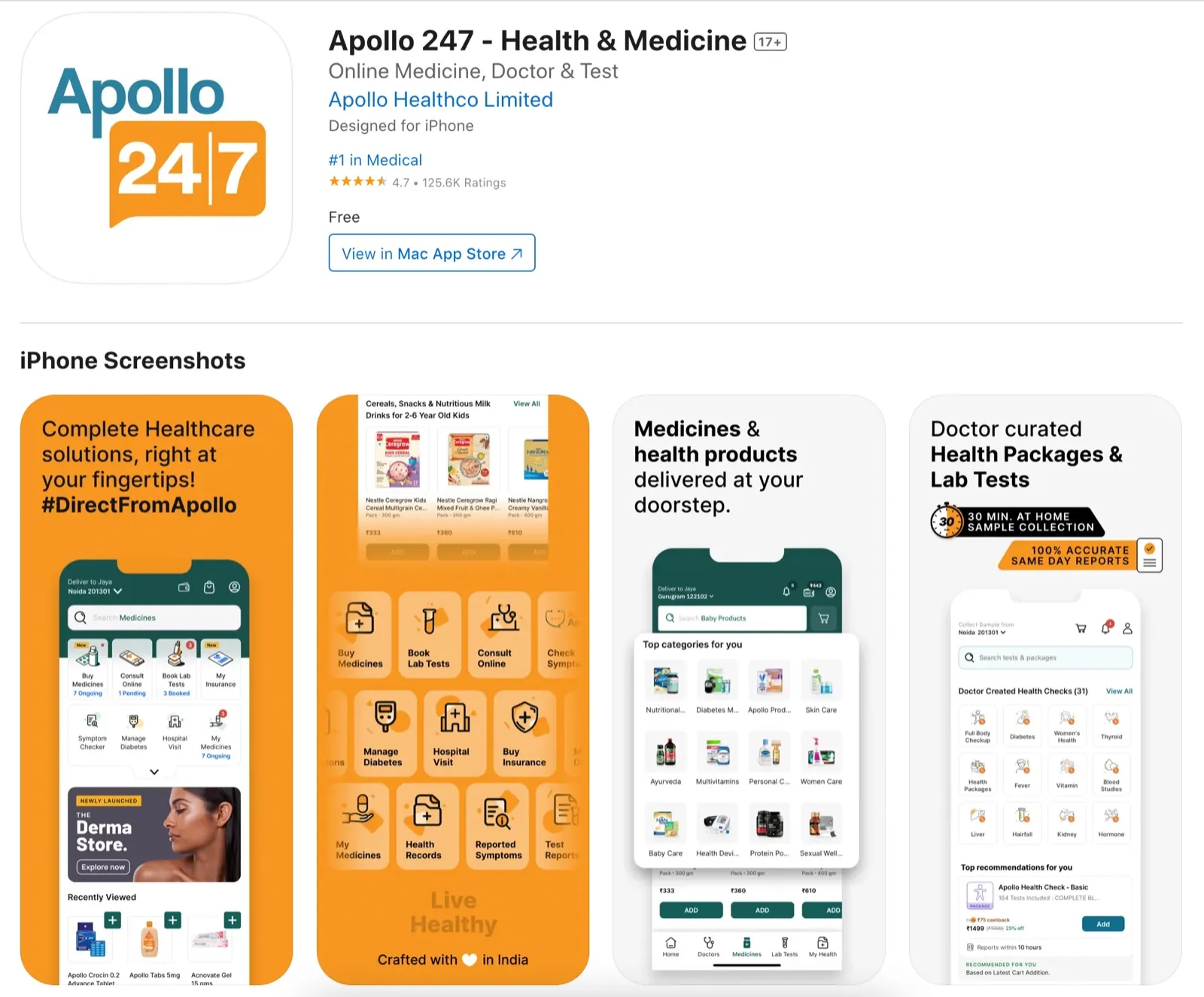 Apollo 24/7 on the App Store: number 1 in Medical, rated 4.7 stars from 125.6K ratings, with the redesigned app screenshots.