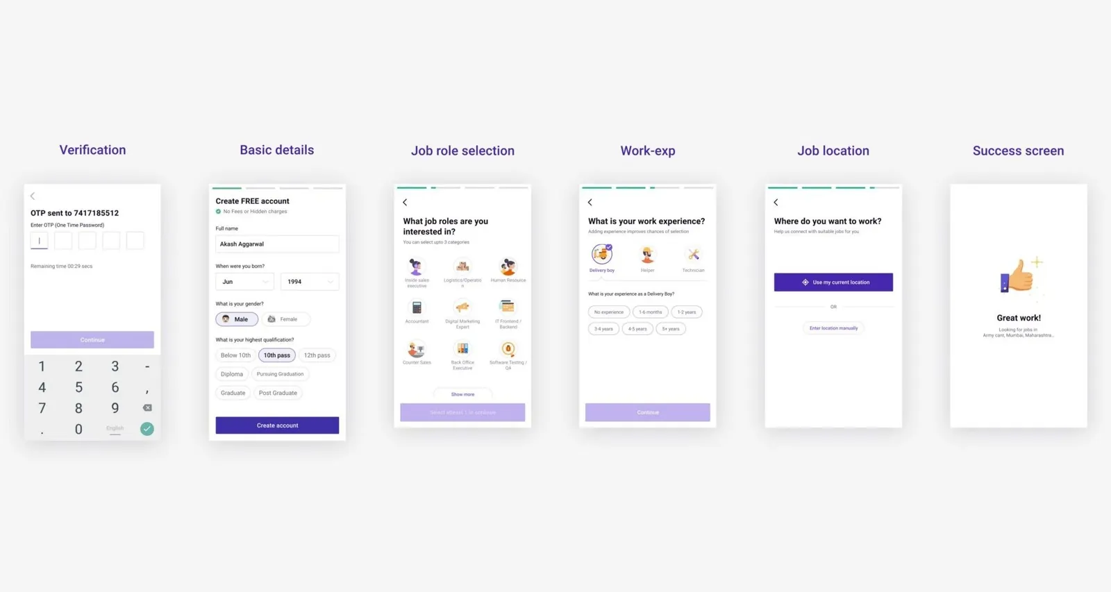 The new onboarding in six screens: verification, basic details, job role selection, work experience, job location and a success screen.