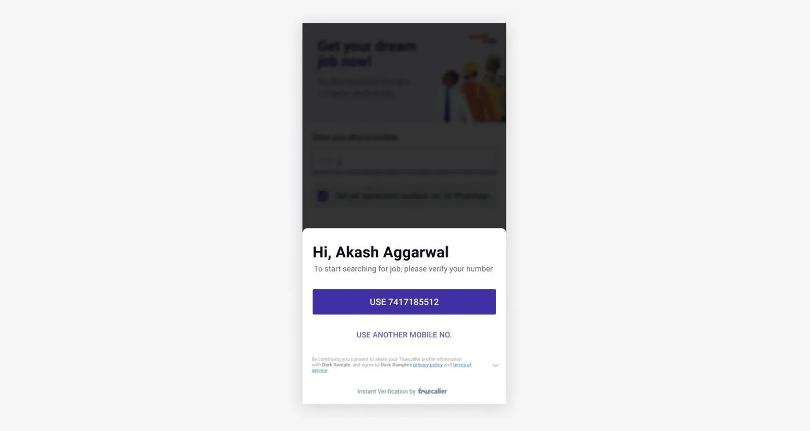 Truecaller one-tap verification sheet over the landing screen: “Hi, Akash Aggarwal”, use this number, or use another mobile number.