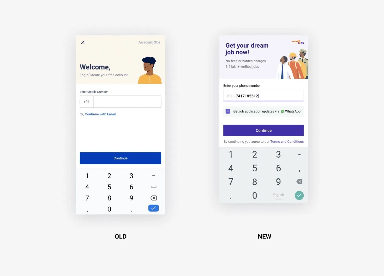 Old and new onboarding landing screens side by side. The old one asks for a mobile number under a generic welcome; the new one leads with “Get your dream job now”, no fees or hidden charges, and 1.5 lakh+ verified jobs.